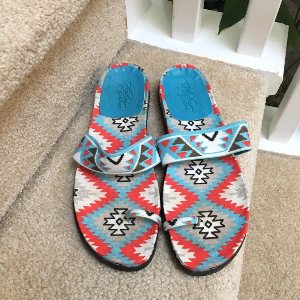 Theodora & Callum Blue Orange Canvas Sandals 8.5